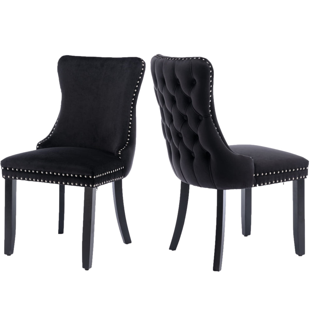 2x Velvet Upholstered Dining Chairs Tufted Wingback Chair with Studs Trim Solid Wood Legs for Kitchen
